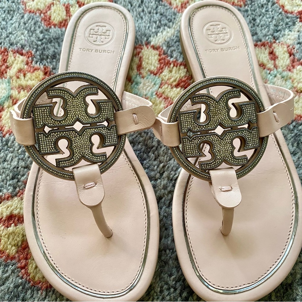 Tory Burch Miller crystal flip flops size 6 EUC light pink